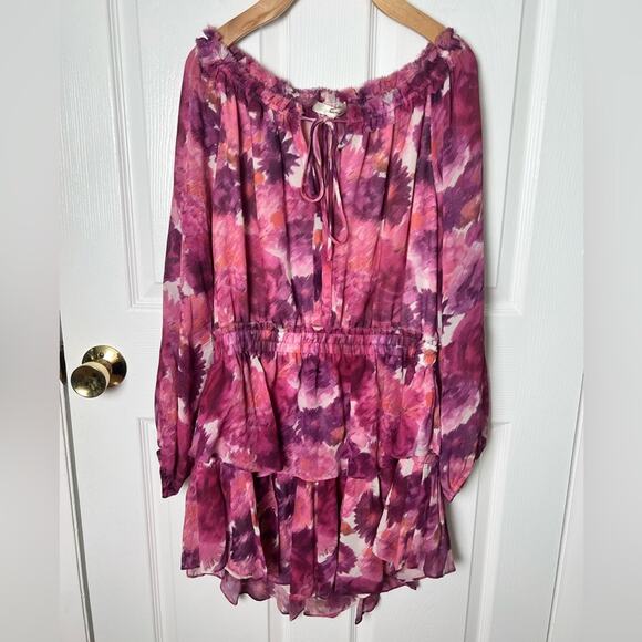 LoveShackFancy Silk Pink Smocked Waist V Neck Frill Popover Floral Mini Dress L - Picture 2 of 10